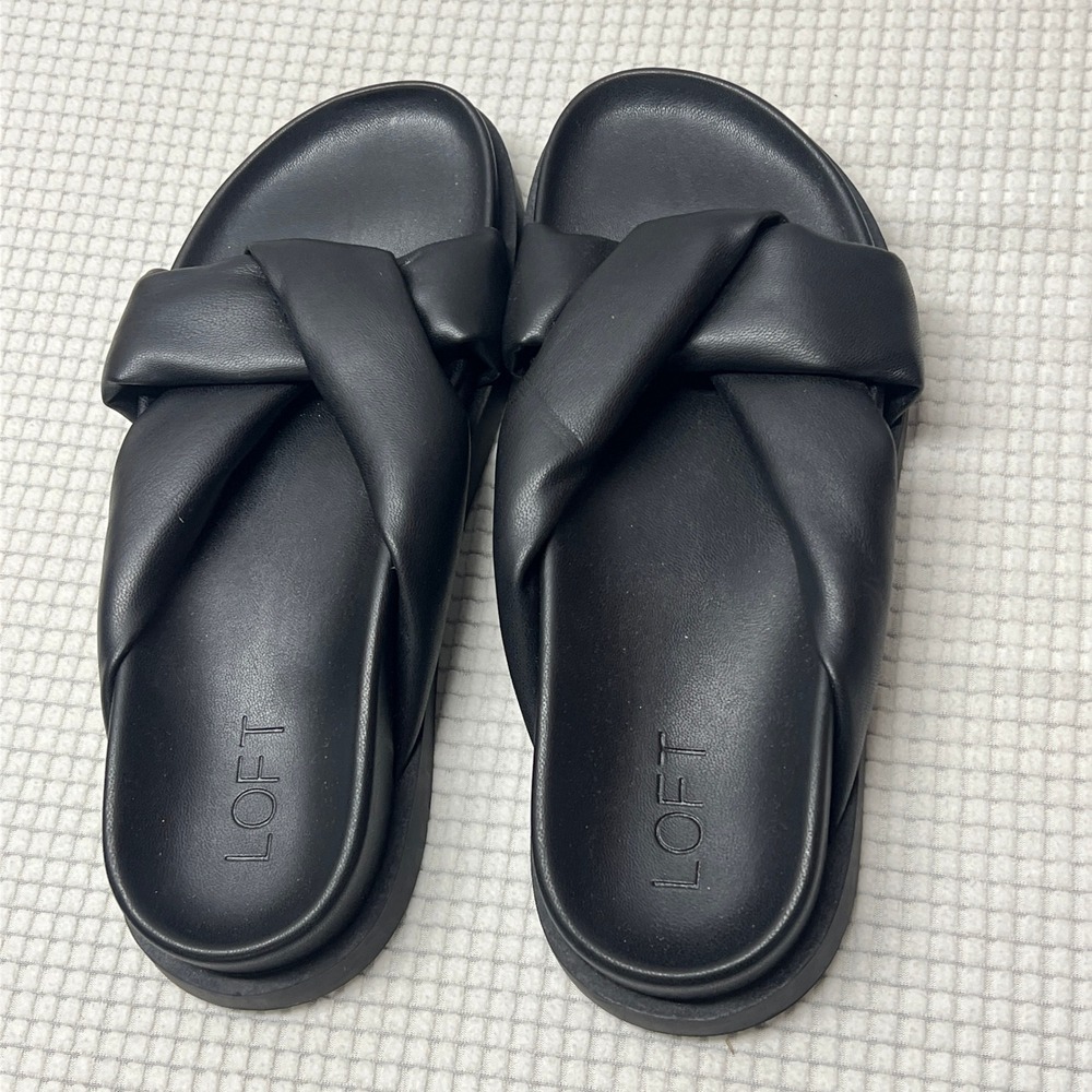 LOFT Black Padded Twist Knot Slide Sandals Minimalist Clean Girl 6.5M